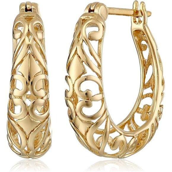 Sterling Silver Filigree Hoop Earrings Gold Plated Swirl Design Jewelry Gift - Picture 7 of 7